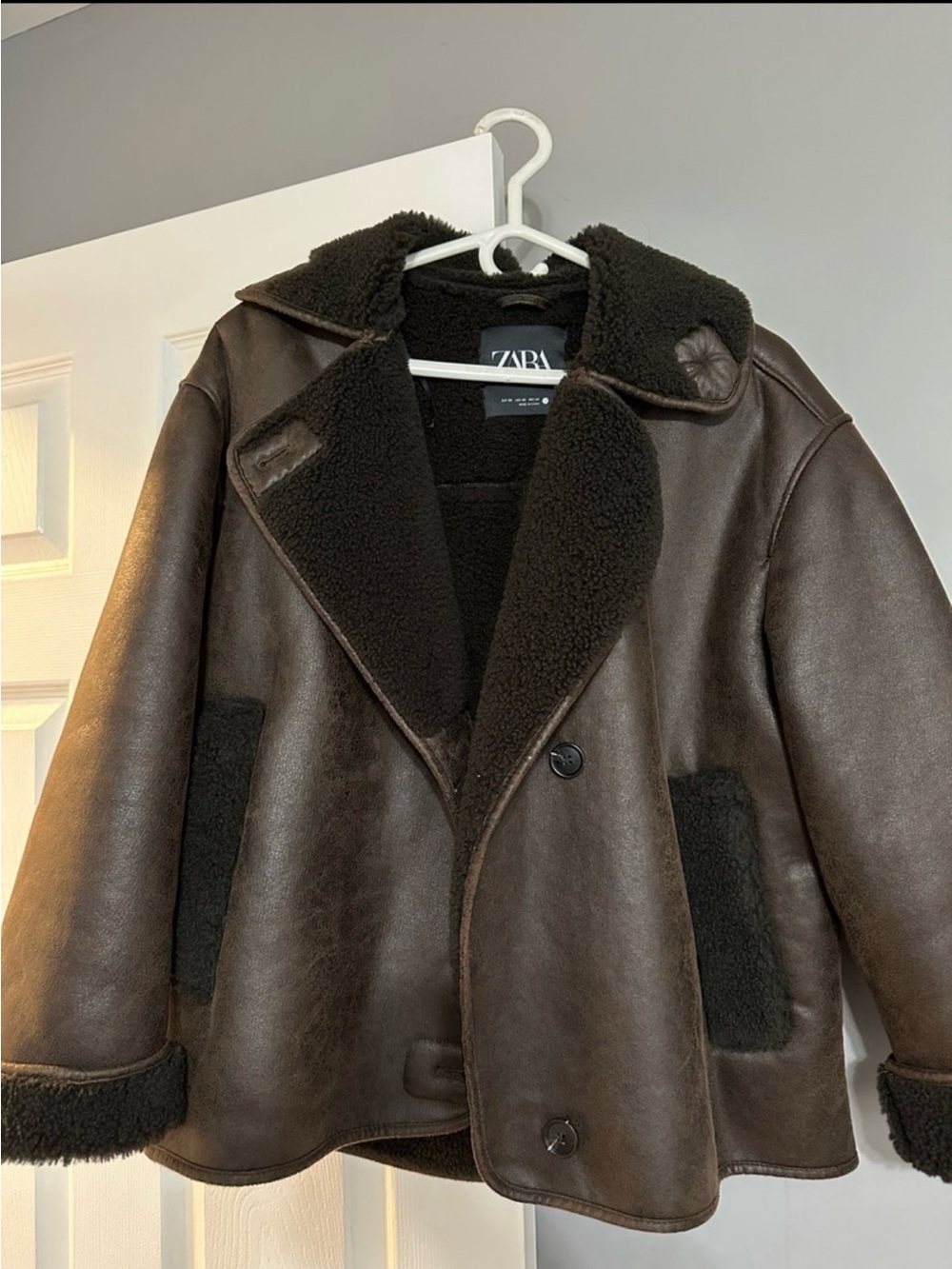 Zara Dark Brown Faux-Leather Shearling Jacket